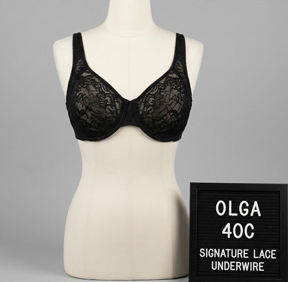 VTG Olga 40C Signature Lace Underwire Bra #35984 Black Full Coverage Unlined